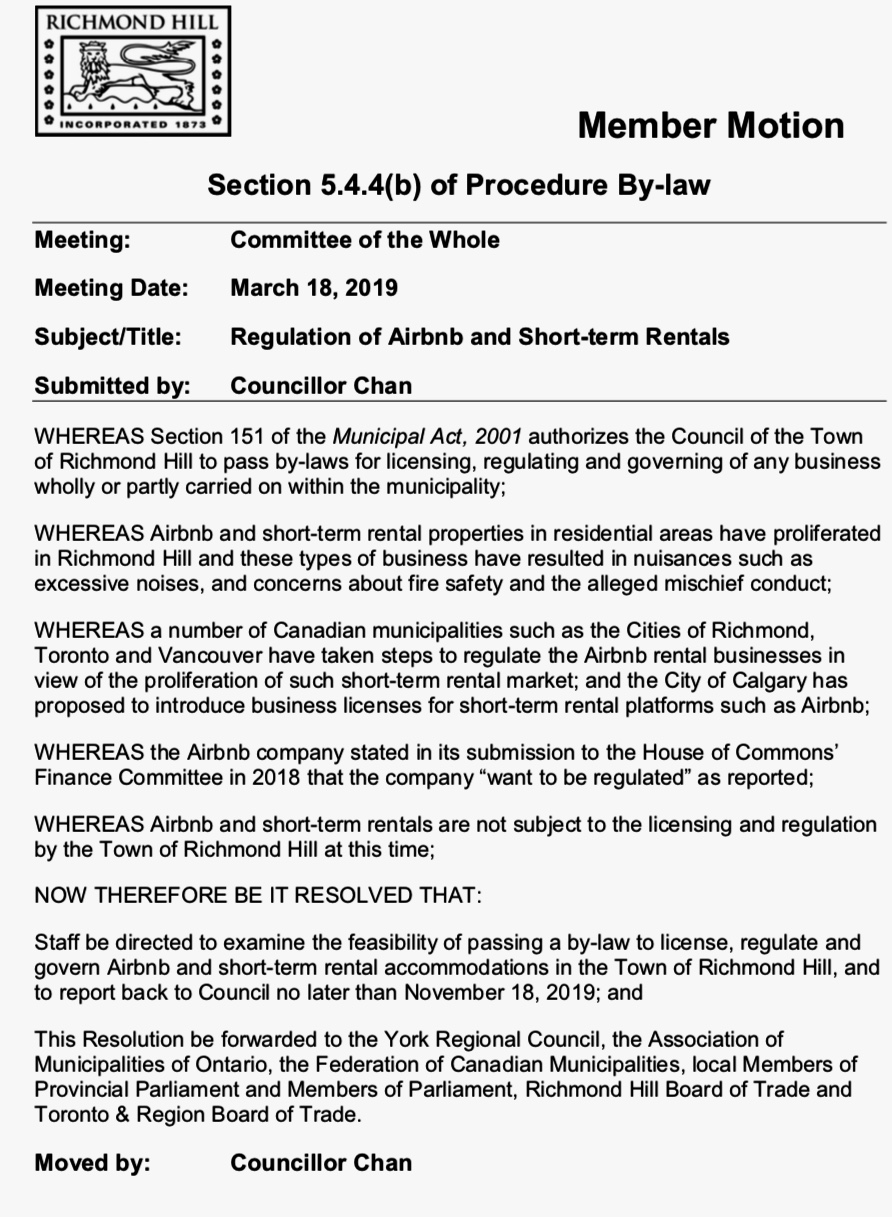 Member Motion Regulation of Short Term Rental